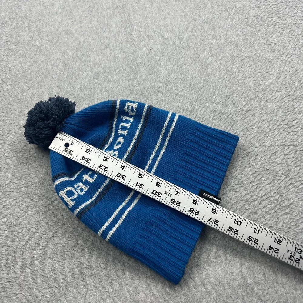 Patagonia Powder Town Beanie Kids OS Blue Striped Pom Pom Logo Knit Hat 66061